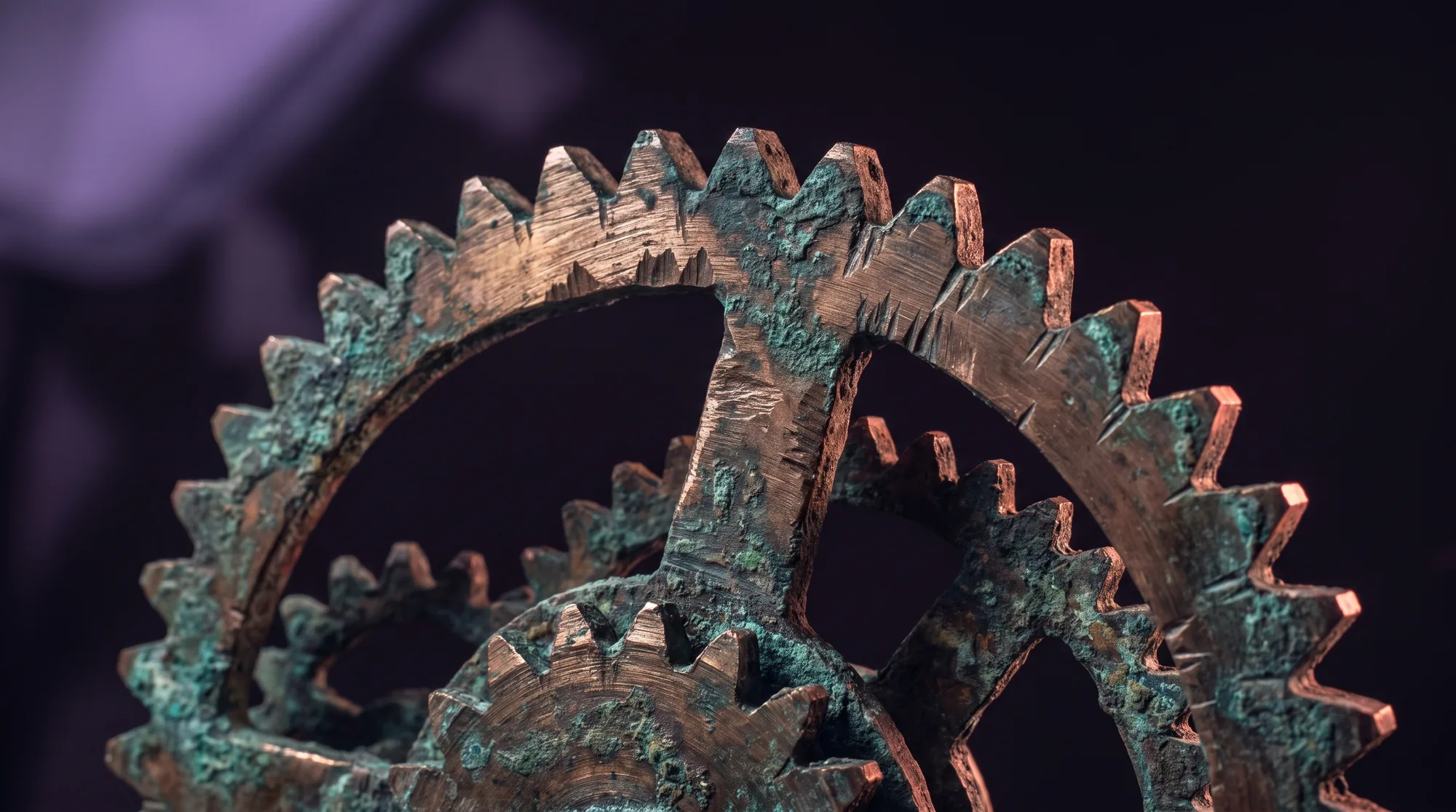 Interlocking bronze gearwheels, close up, warm metal against a dark ground.