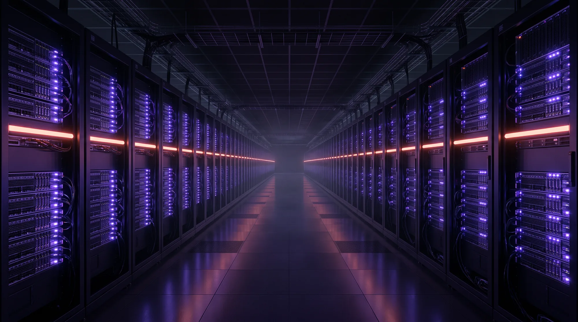 A long aisle of server racks receding into the dark, lit from within.